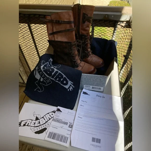 Freebird Ravi Mid-Calf Distressed Brown Leather Two Tone Leather Moto Boots 10 - Picture 3 of 17